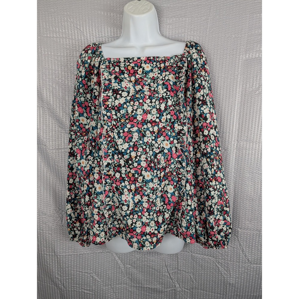 Suzanne‎ Betro Womens L Ditsy Floral Smocked Square Neck Ruffle Boho Blouse Top